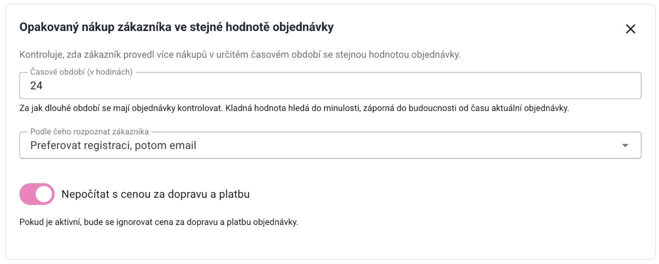 Nastavení porovnávání cen duplicitních objednávek