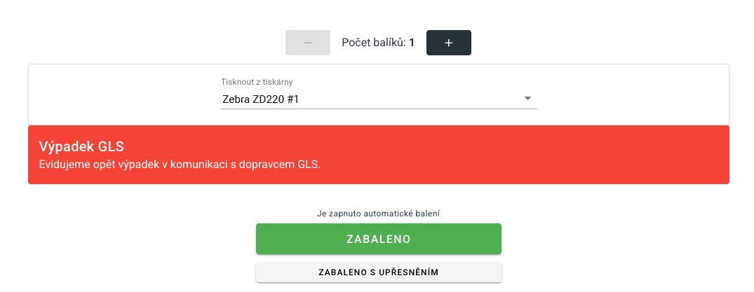 Upozornění na výpadek dopravce při balení objednávky