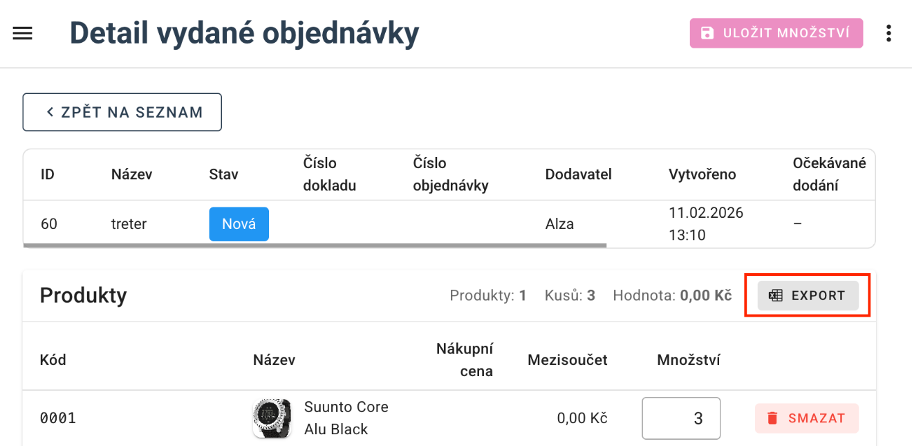 Export položek vydaných objednávek do Excelu