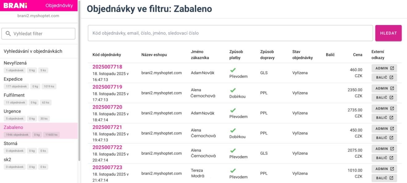 Filtrování objednávek podle stavu zpracování