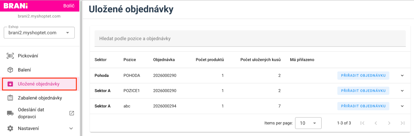 Přehled uložených rozpickovaných objednávek v Brani Baliči