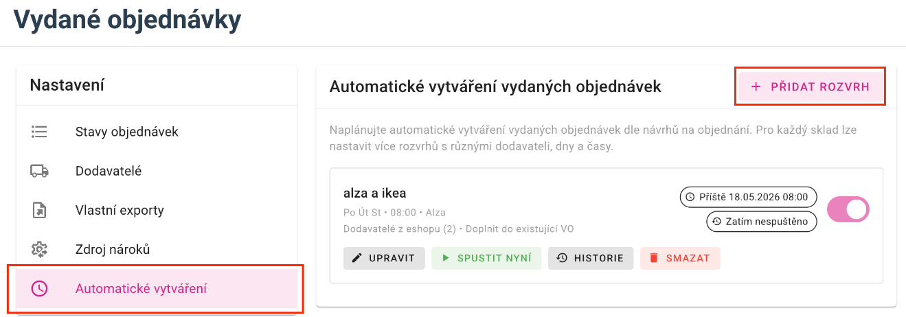 Nastavení automatického vytváření vydaných objednávek