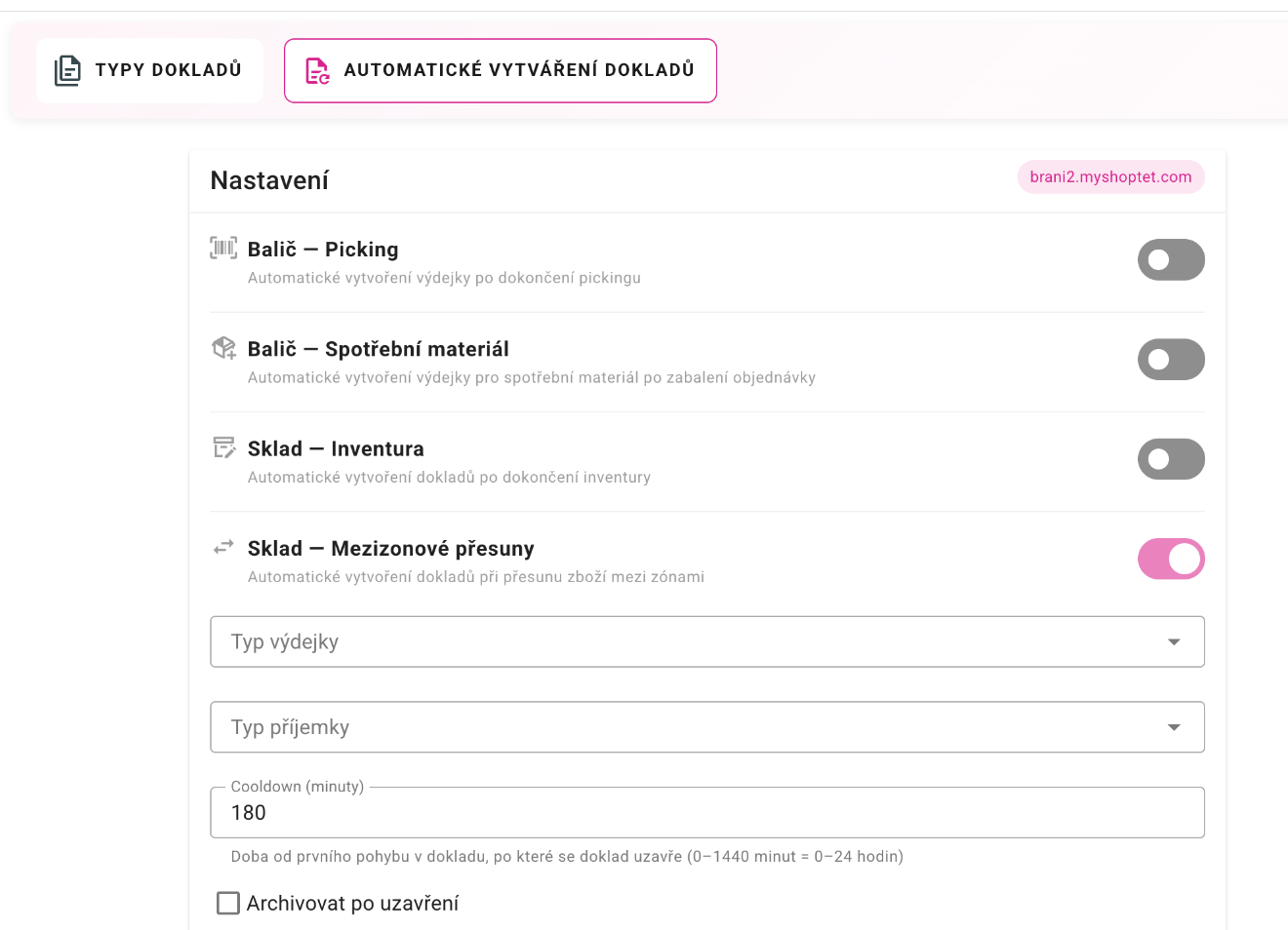 Automatické vytváření dokladů při přesunu mezi zónami