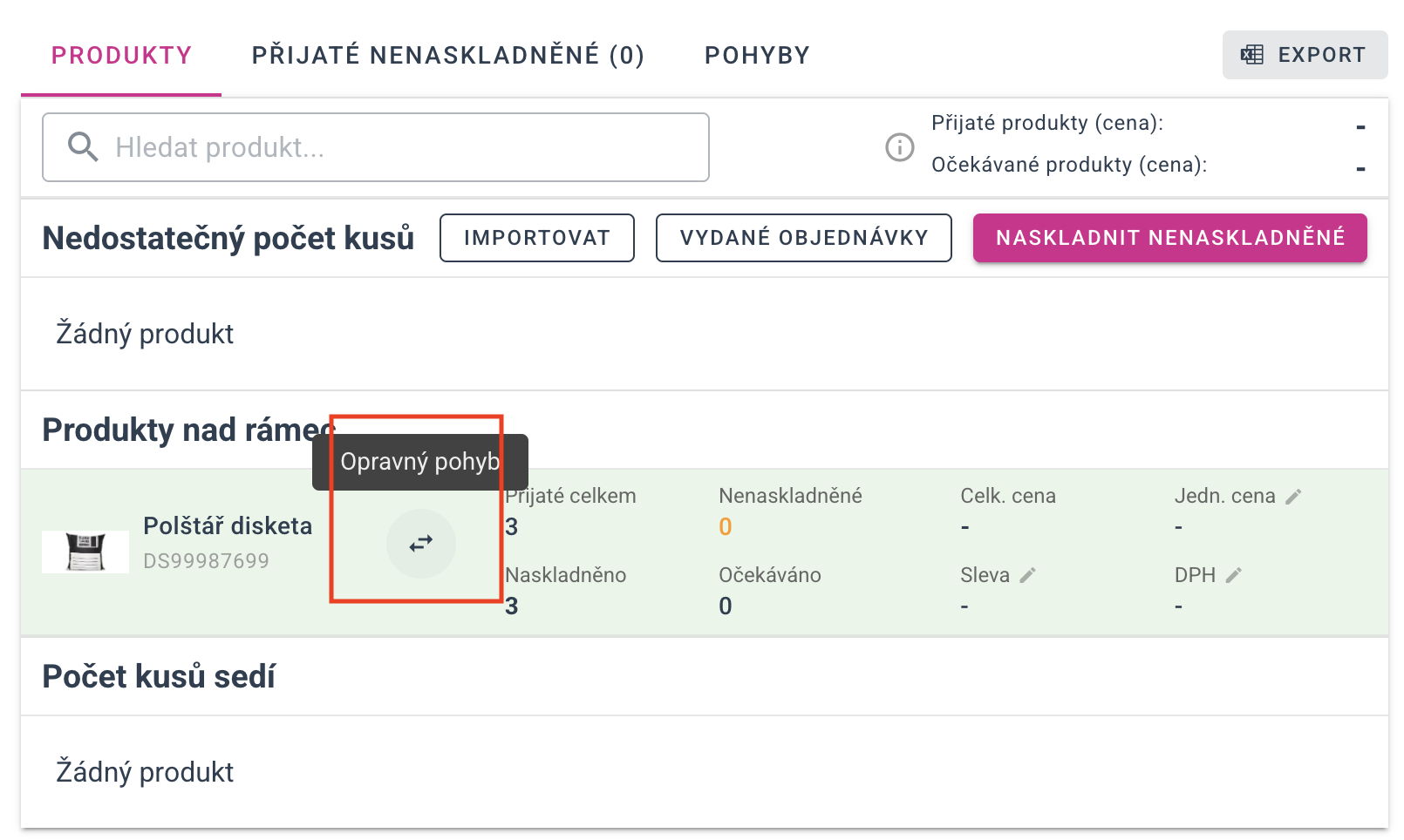 Opravný pohyb na kartě produktu ve skladovém dokladu