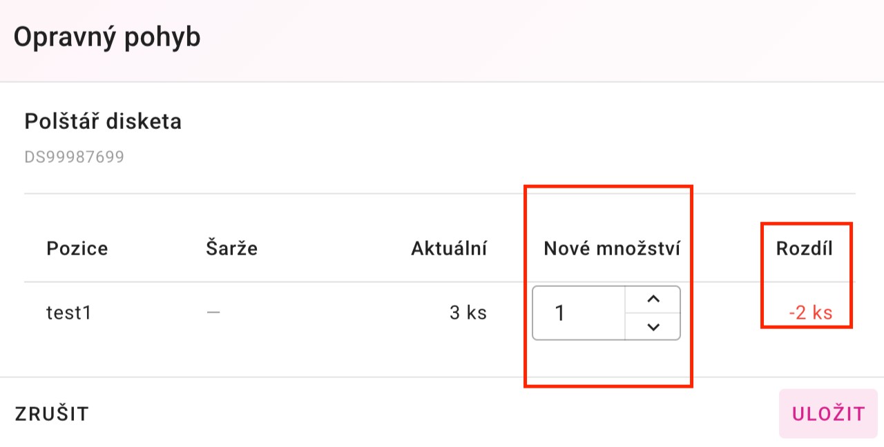 Zadání množství při opravném pohybu