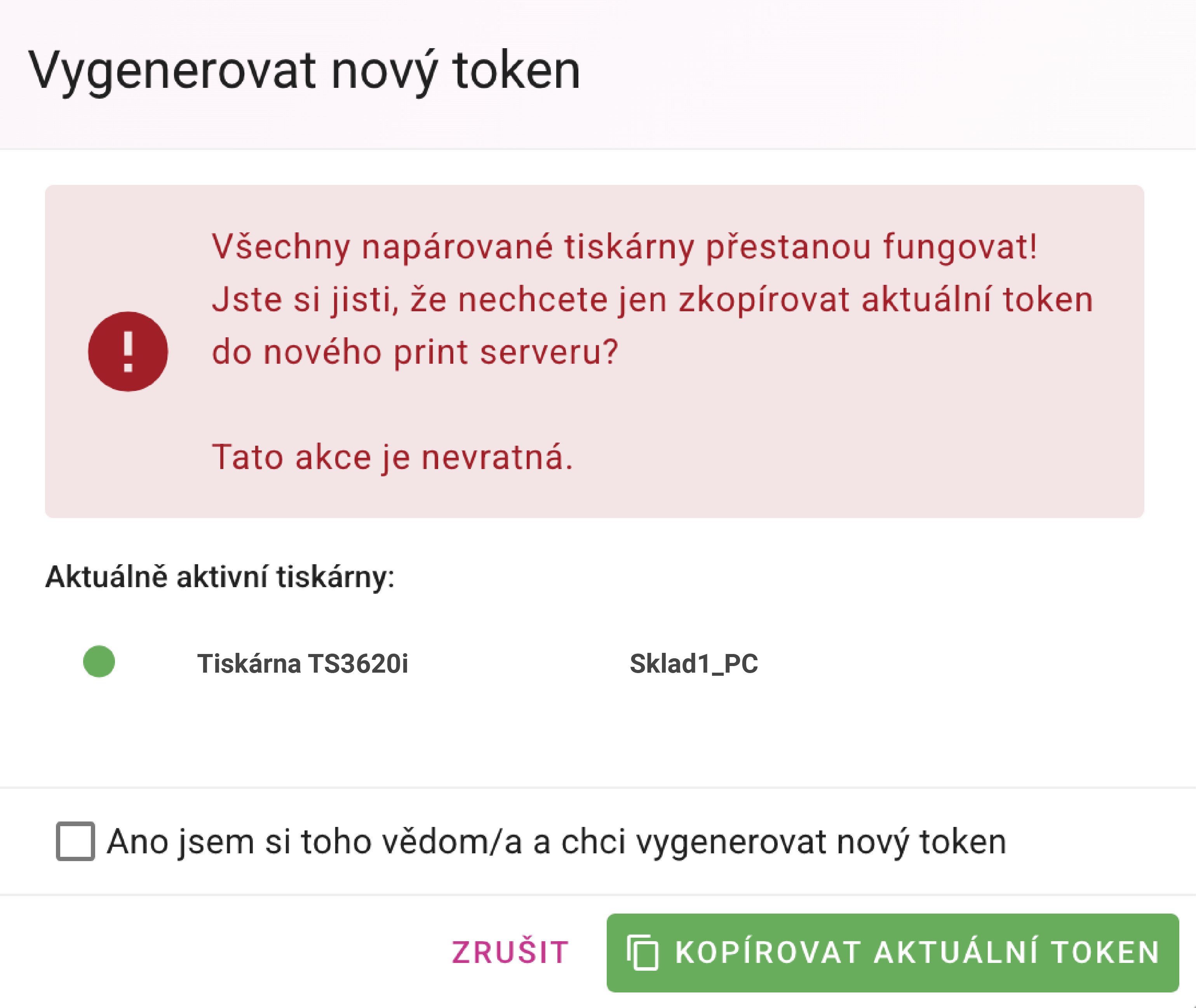 Potvrzení generování nového tokenu a seznam aktivních tiskáren