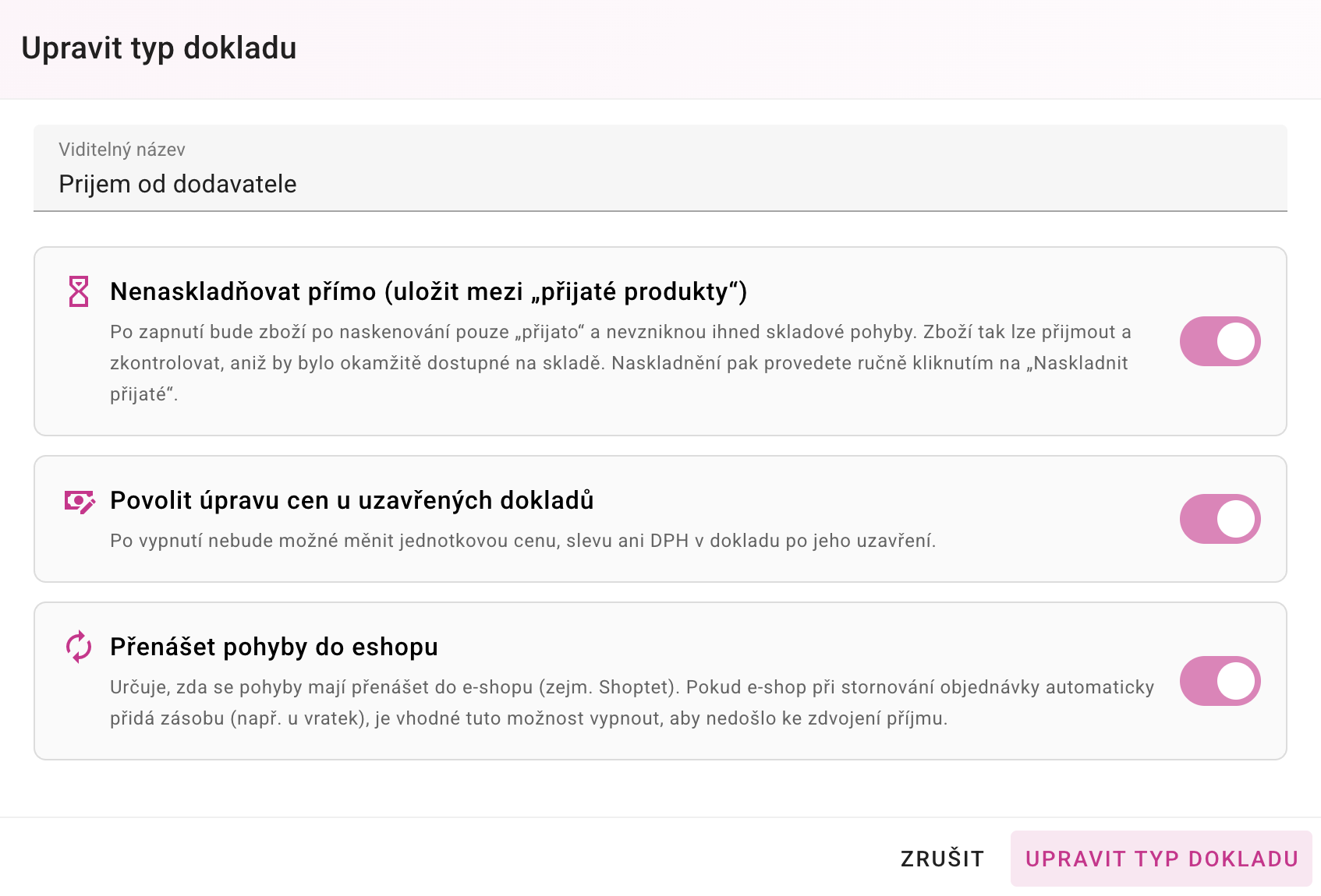Nastavení úpravy cen u uzavřených skladových dokladů
