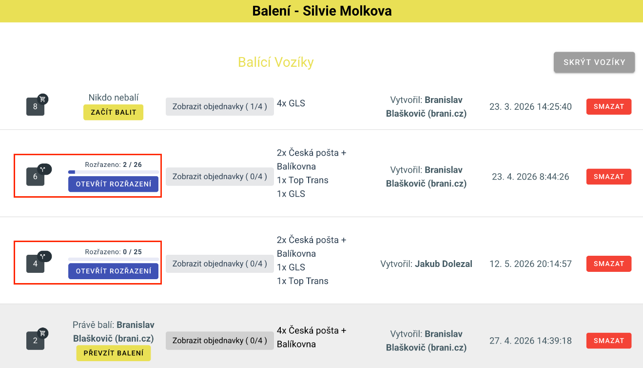Průběh rozřazování produktů v seznamu vozíků