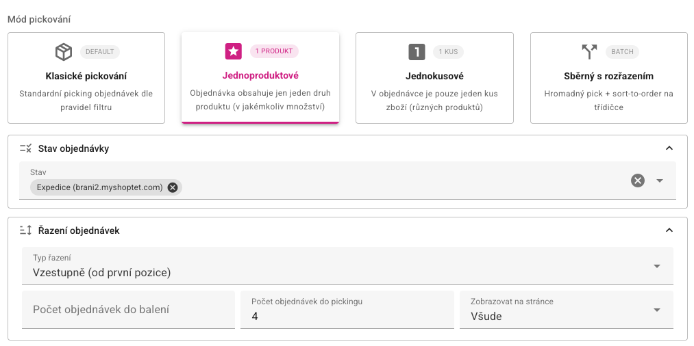 Filtr v jednoproduktovém pickingu