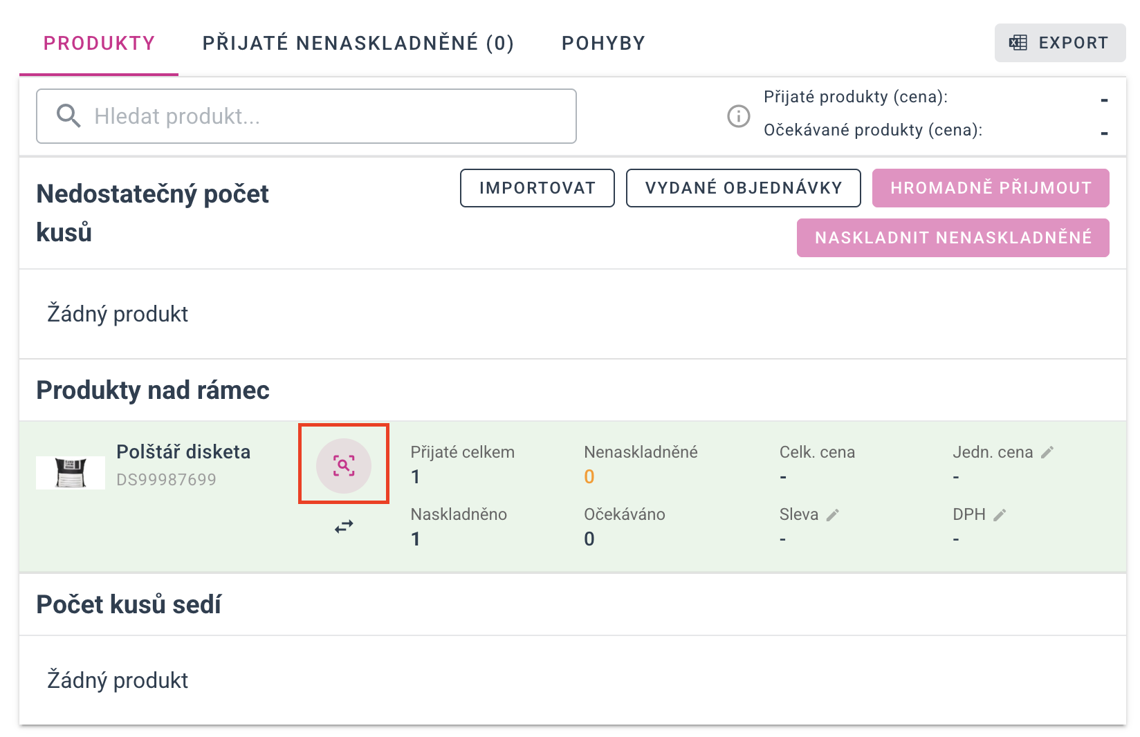 Naskenování produktu ve skladovém dokladu