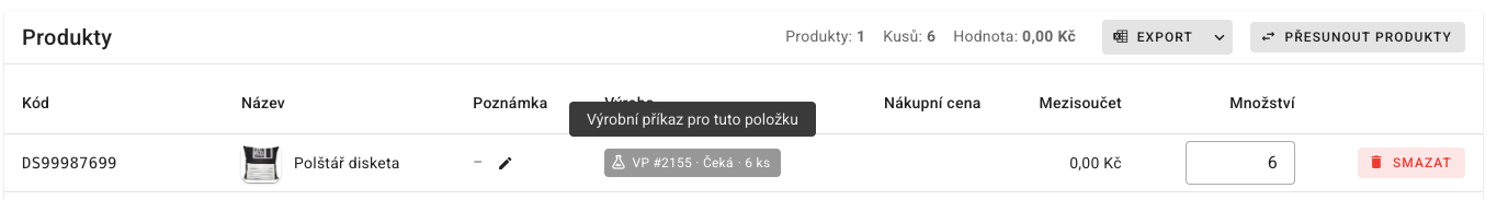 Vytvoření výrobního příkazu z vydané objednávky