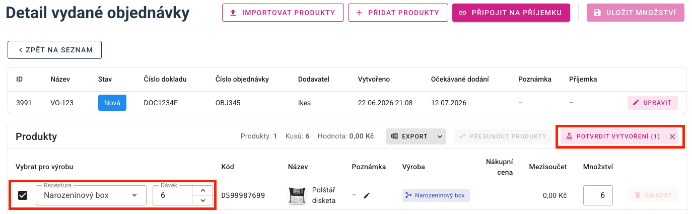 Položky určené pro výrobu ve vydané objednávce
