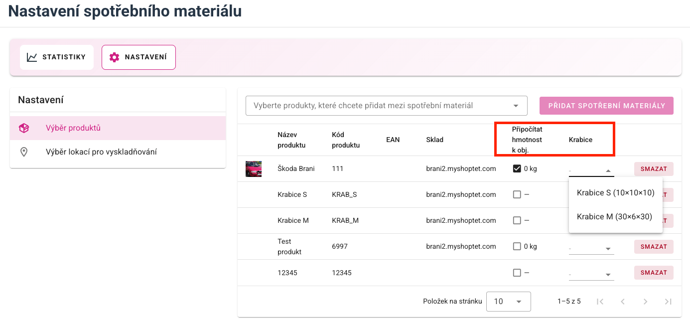 Nastavení hmotnosti obalového materiálu v Brani Baliči