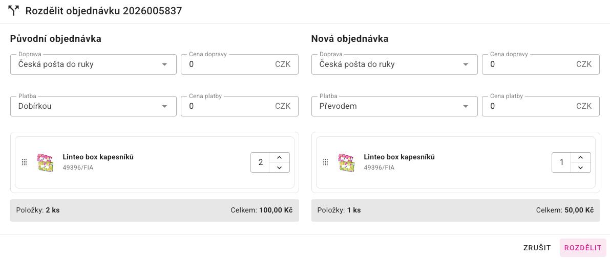 Rozdělení položek mezi původní a novou zákaznickou objednávku