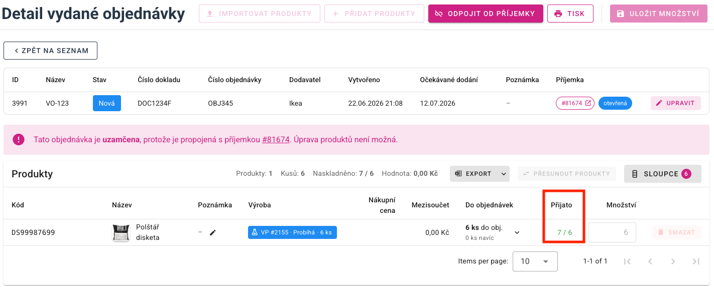 Detail přijatého zboží ve vydané objednávce
