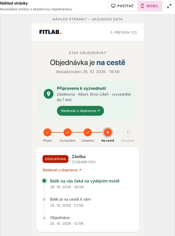 Editor bloků s přepnutým živým náhledem na mobil