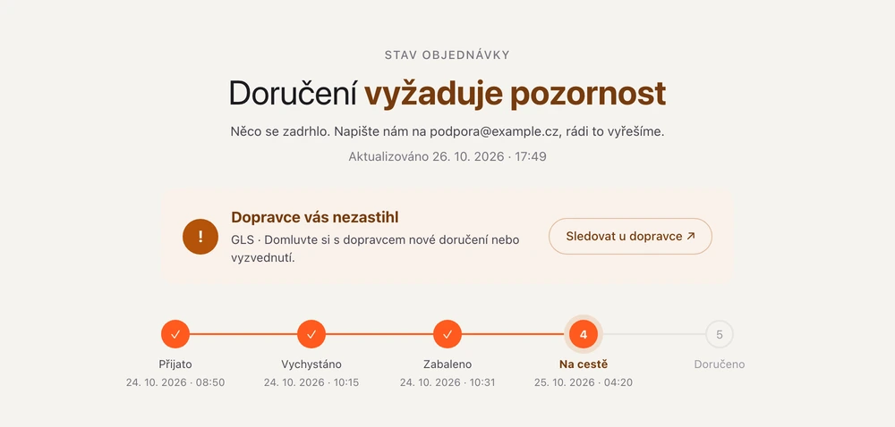 Výrazné upozornění, že dopravce zákazníka nezastihl, s odkazem na sledování