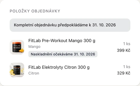 Produkt Mango s očekávaným naskladněním a termínem kompletace objednávky
