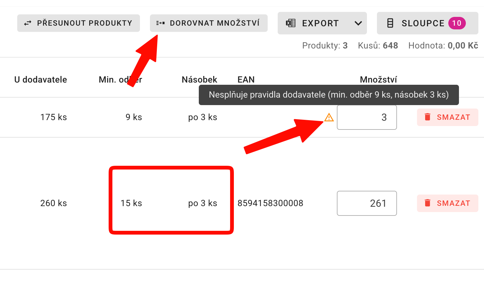Detail vydané objednávky s tlačítkem Dorovnat množství a upozorněním na nesplnění minimálního odběru a násobku.