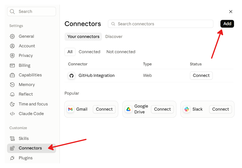 Sekce Connectors a tlačítko Add