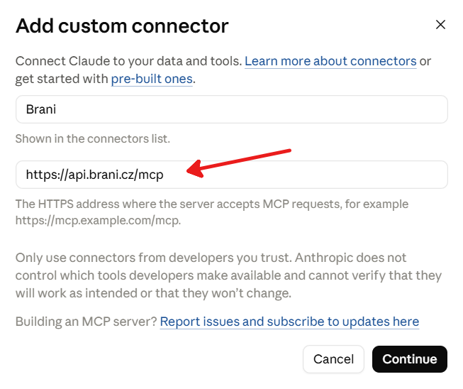 Název Brani a URL MCP serveru v novém konektoru