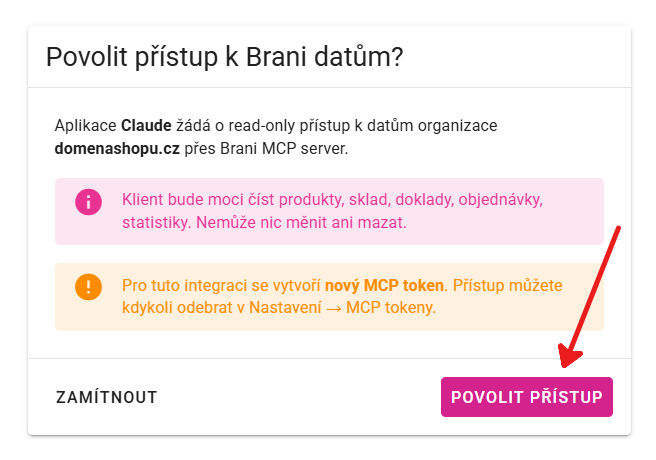 Potvrzení přístupu Claude k datům vybrané organizace pouze pro čtení
