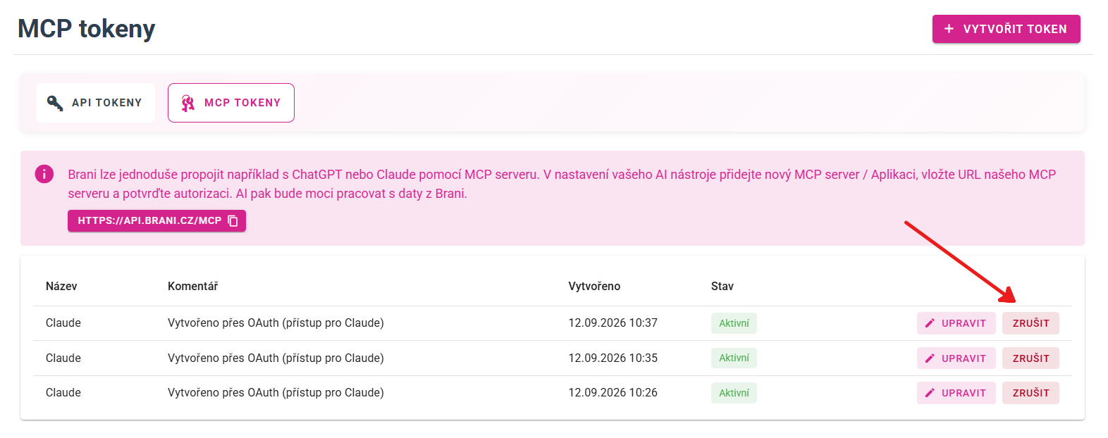 Přehled MCP tokenů a tlačítko Zrušit pro odebrání konkrétního přístupu