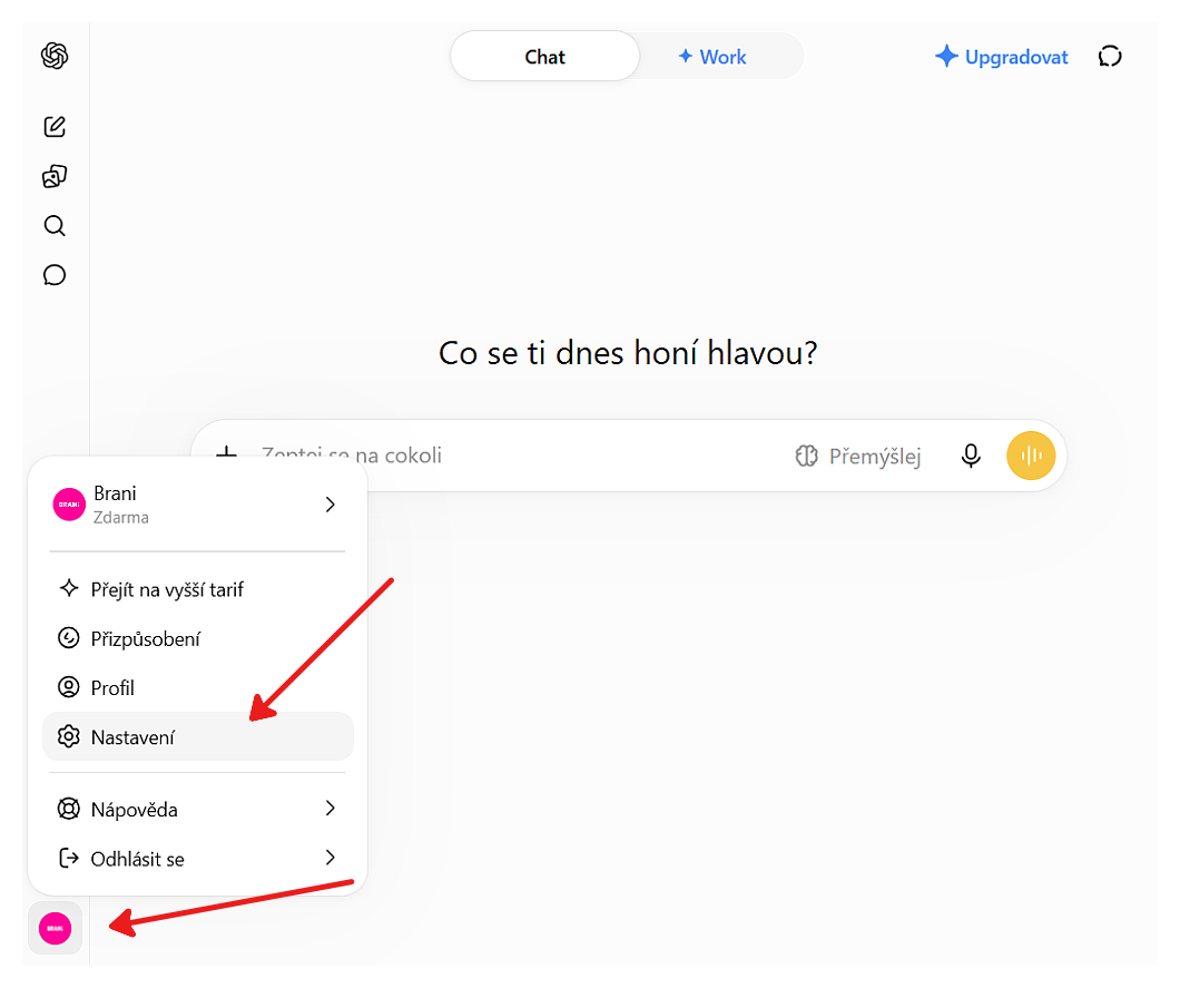 Otevření nastavení ChatGPT přes profil