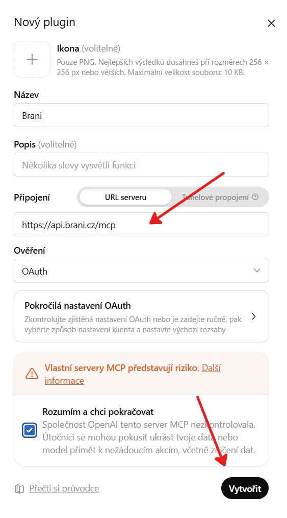 Nastavení pluginu Brani s URL MCP serveru a ověřením OAuth