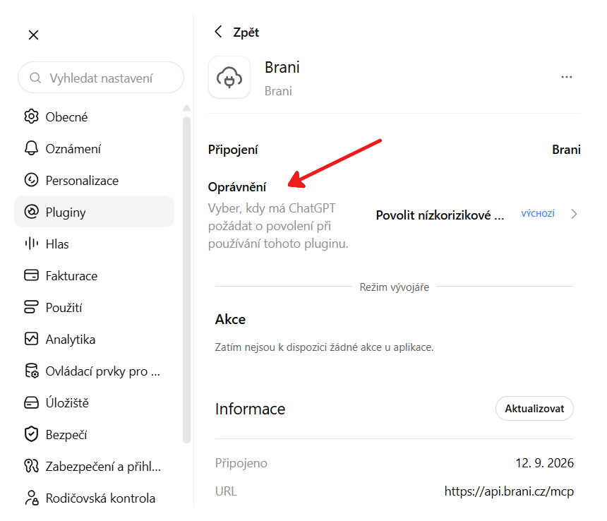 Nastavení oprávnění pluginu Brani v ChatGPT