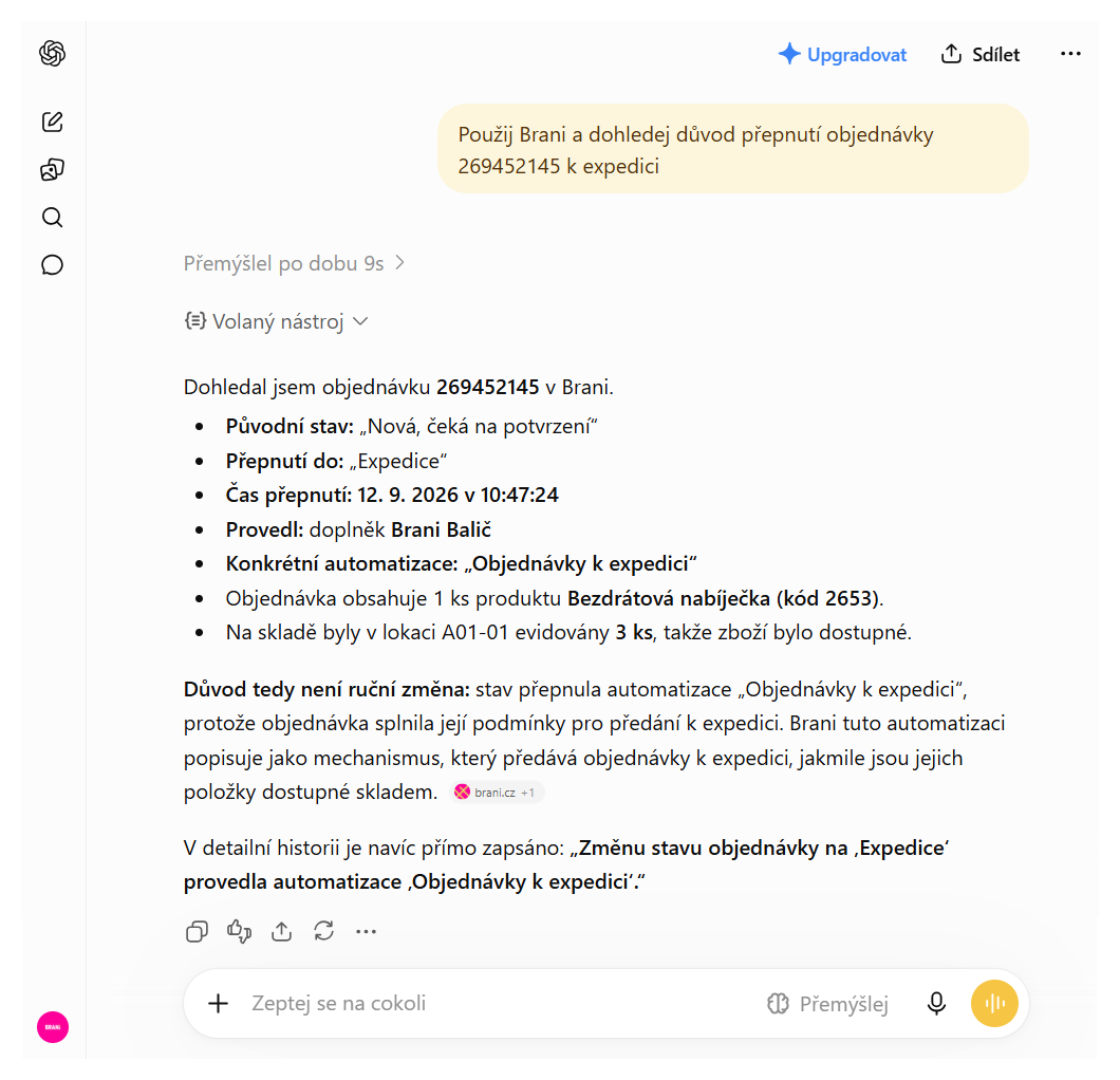 Ukázka odpovědi ChatGPT na dotaz k objednávce