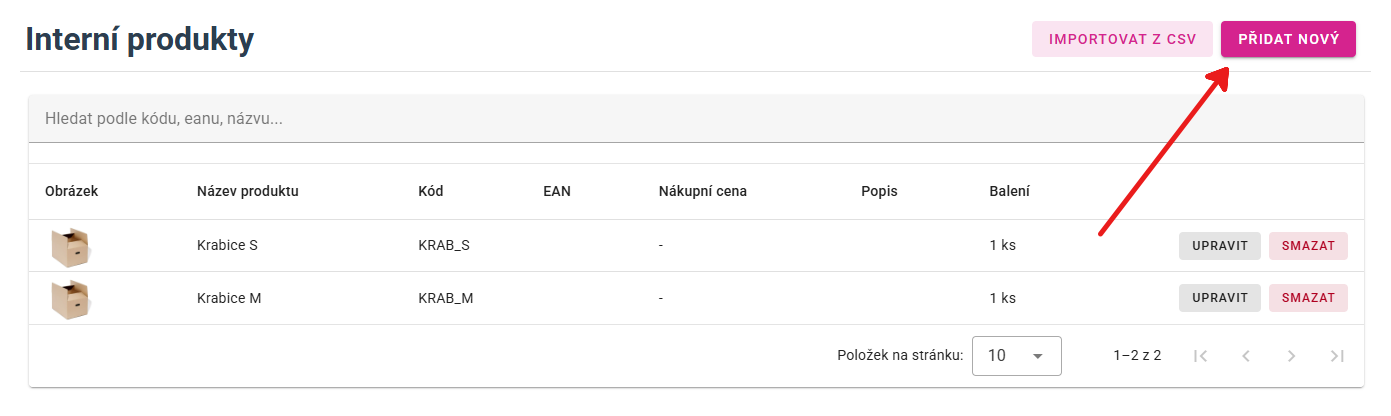Interní produkty – krabice S a M a tlačítko PŘIDAT NOVÝ