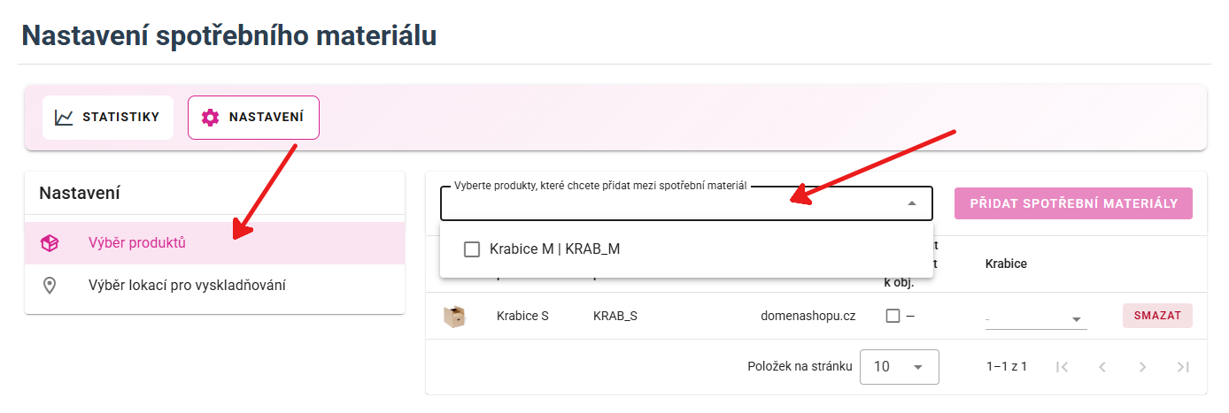 Nastavení spotřebního materiálu – záložka NASTAVENÍ a výběr produktů
