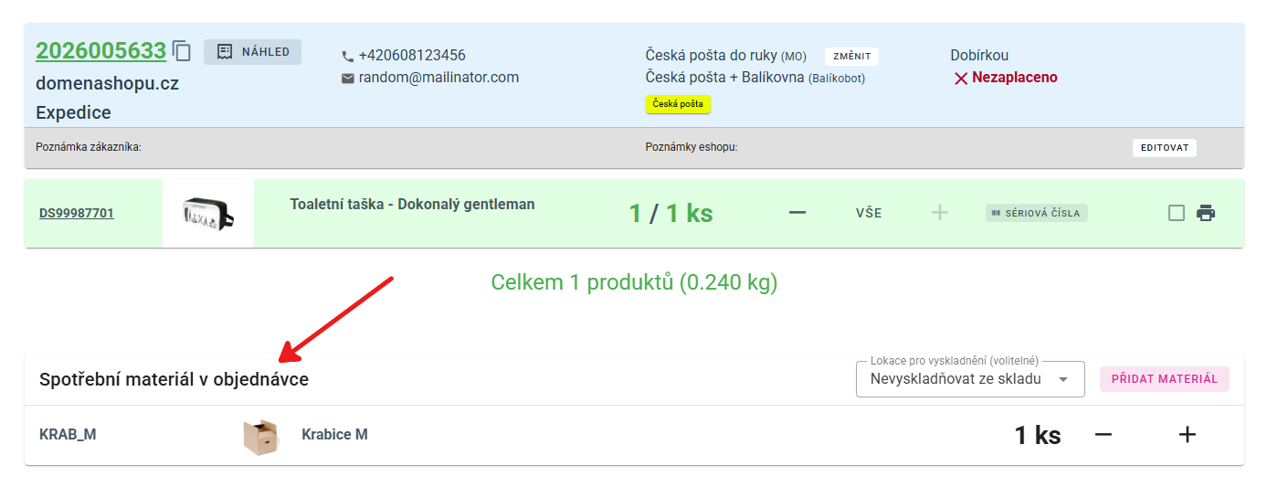Spotřební materiál v objednávce – krabice přidaná při balení