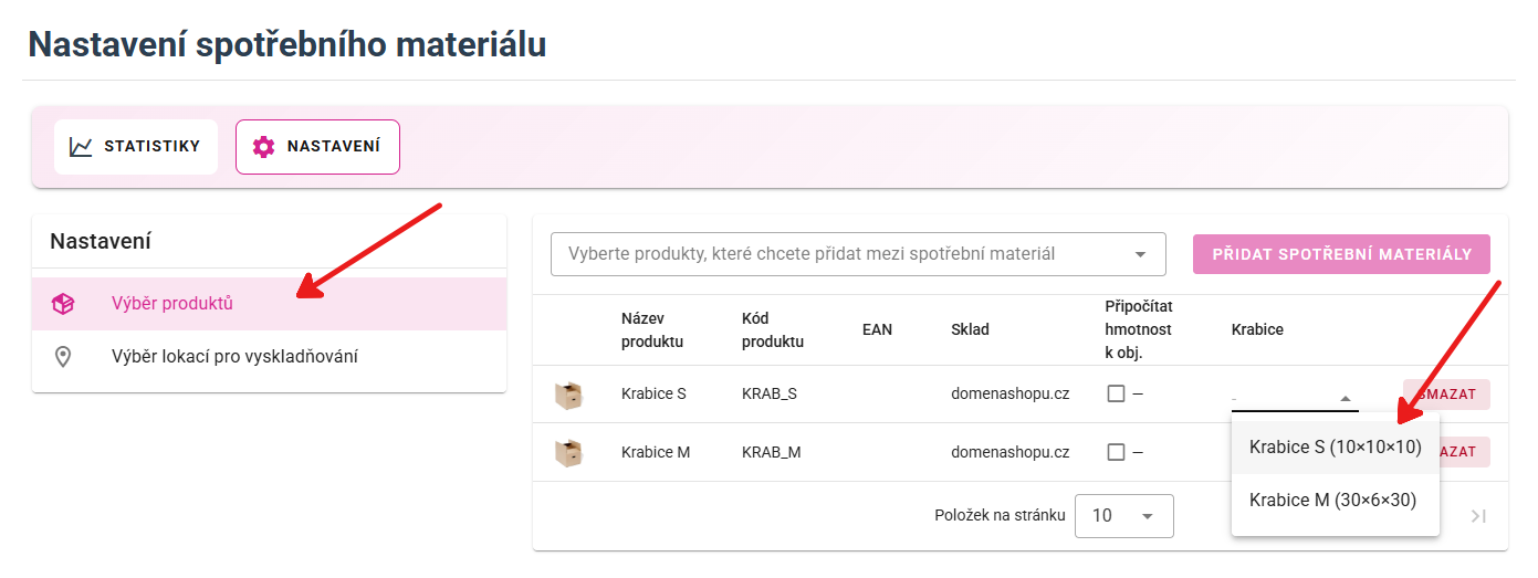 Přiřazení rozměrů krabice v nastavení spotřebního materiálu