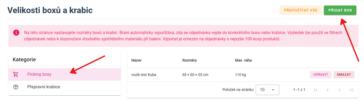 Velikosti boxů a krabic – přehled kategorií a tlačítko PŘIDAT BOX