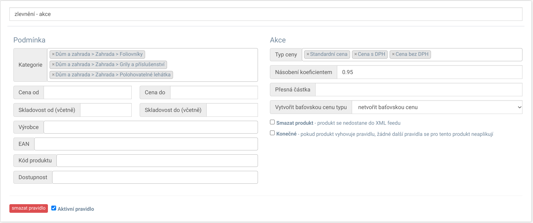 Přenos produktů se řídí pravidly, díky kterým můžete ovlivňovat například cenu produktů.