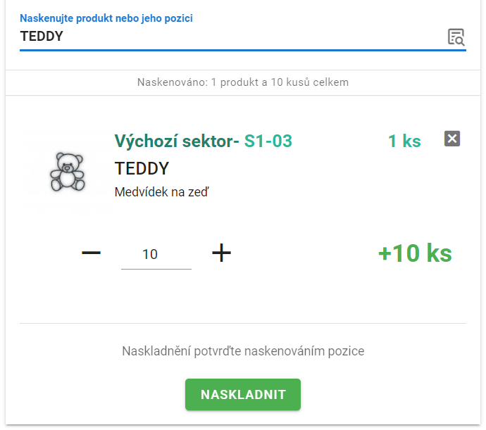 Naskladnění načteného produktu se zadaným počtem kusů