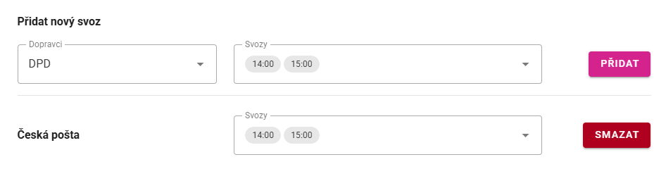 Nastavení časů automatického svozu pro dopravce