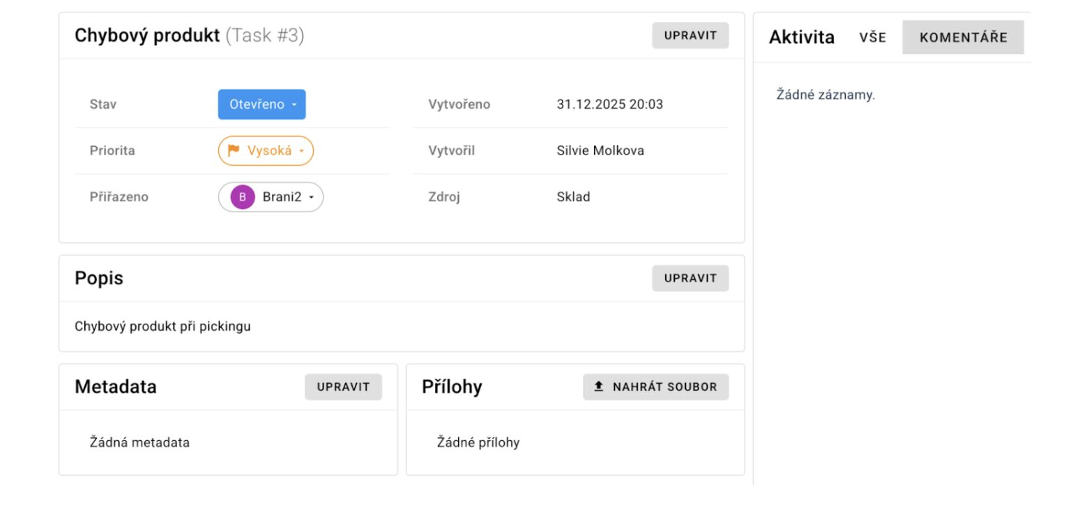 Diskuse, historie aktivit a přílohy k úkolům