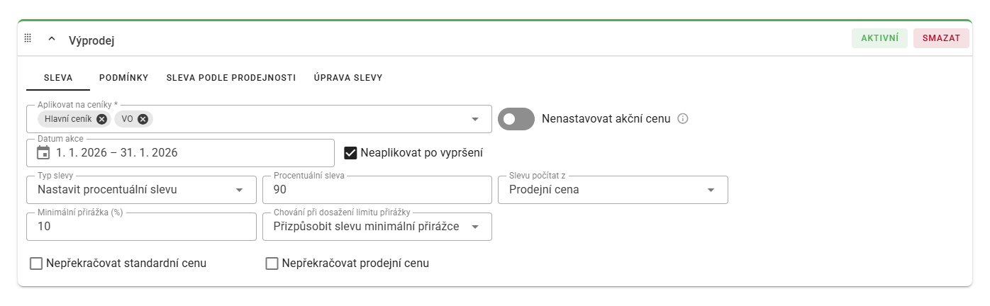 Nastavení procentní slevy, ceníků, data platnosti a pravidel výpočtu akční ceny.
