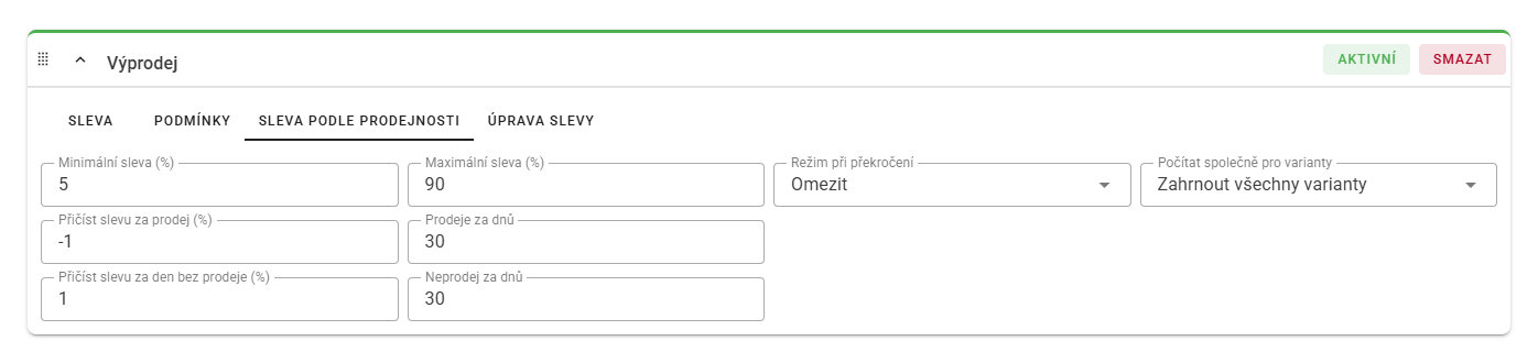 Nastavení dynamické slevy podle počtu prodejů včetně minimální a maximální hranice.