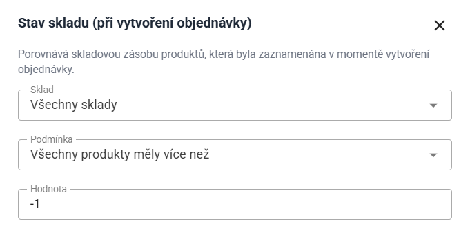 Stav skladu - kontrola skladové dostupnosti při vytvoření objednávky